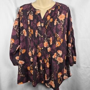 Croft‎ & Barrow Floral Blouse Womens XL Burgundy Orange Boho Fall Top
